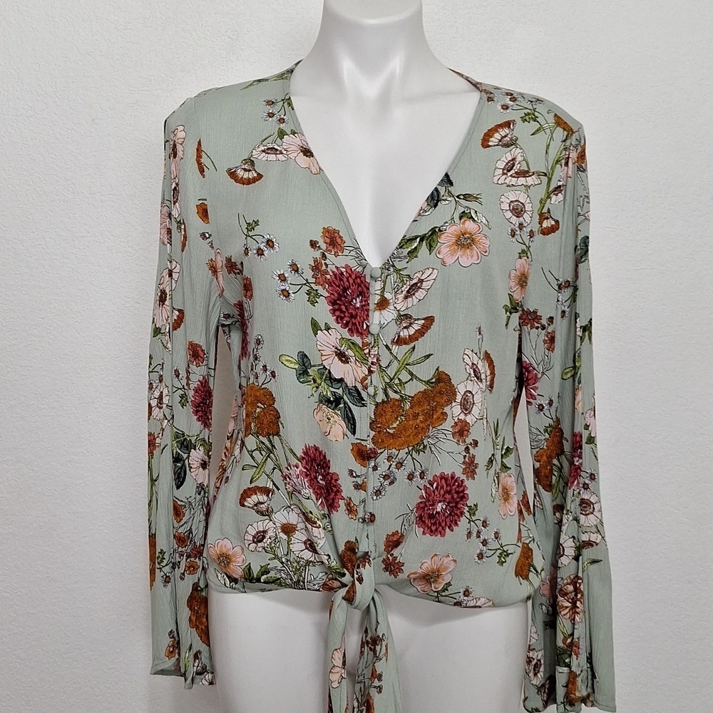 Glam Light Green Floral Coquette Cottagecore Long Sleeve Tie Front Blouse Size L